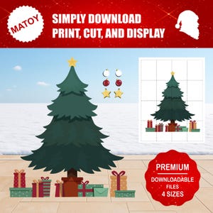 Könnte beinhalten: Ein digitales Weihnachtsbaumdesign mit einem goldenen Stern an der Spitze, umgeben von Geschenkboxen. Das Bild enthält den Text "SIMPLY DOWNLOAD PRINT, CUT, AND DISPLAY" und "PREMIUM DOWNLOADABLE FILES 4 SIZES". Zusätzliche Ornamente sind ebenfalls abgebildet.
