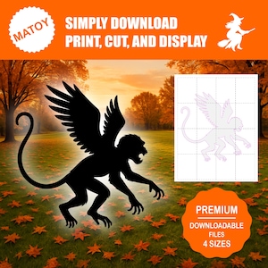 May include: A black silhouette of a winged monkey creature with an open mouth, set against a fall landscape. The image includes text that reads "SIMPLY DOWNLOAD, PRINT, CUT, AND DISPLAY" and "PREMIUM DOWNLOADABLE FILES 4 SIZES".