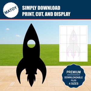 Puede incluir: Silueta negra de cohete con ventana circular y detalles de llama. La imagen incluye el texto "SIMPLEMENTE DESCARGAR IMPRIMIR, CORTAR Y MOSTRAR" y "ARCHIVOS PREMIUM DESCARGABLES 4 TAMAÑOS".