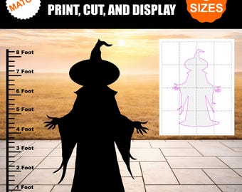 Pode incluir: Um modelo digital de uma silhueta de bruxa com o texto SIMPLY DOWNLOAD PRINT, CUT, AND DISPLAY e 8 SIZES. Uma silhueta preta de bruxa é mostrada ao lado de uma régua vertical que mede até 8 pés e um layout de grade do design.