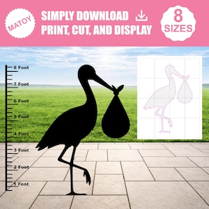 Puede incluir: Una plantilla de descarga digital para una silueta de cigüeña cargando un bulto. La imagen incluye una regla vertical marcada de 1 a 8 pies, un contorno de la cigüeña sobre una cuadrícula y el texto MATOY, SIMPLY DOWNLOAD, PRINT, CUT, AND DISPLAY, 8 SIZES.