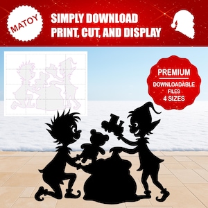 Puede incluir: Silueta negra de dos elfos con un saco de juguetes y un oso de peluche. La imagen incluye el texto "SIMPLY DOWNLOAD PRINT, CUT, AND DISPLAY" y "PREMIUM DOWNLOADABLE FILES 4 SIZES".
