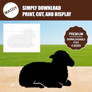 Puede incluir: Silueta negra de una oveja tumbada, con un contorno blanco de la misma oveja en una cuadrícula. El texto dice "SIMPLY DOWNLOAD, PRINT, CUT, AND DISPLAY" y "PREMIUM DOWNLOADABLE FILES 4 SIZES".