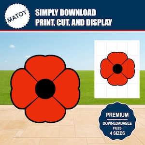 Può includere: Una grafica scaricabile digitalmente con un fiore di papavero rosso con un centro nero. L'immagine include il testo "SEMPLICEMENTE SCARICA STAMPA, TAGLIA E VISUALIZZA" e "FILE SCARICABILI PREMIUM 4 DIMENSIONI".