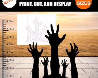 Puede incluir: Una plantilla de descarga digital con una silueta negra de cinco manos de zombi emergiendo del suelo. La imagen incluye una regla vertical que muestra una escala de hasta 2,44 metros, el texto SIMPLY DOWNLOAD PRINT, CUT, AND DISPLAY y 4 SIZES.