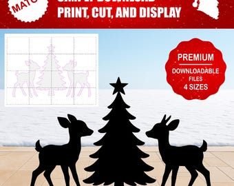 Decoración navideña de ciervos y árboles para pared. Silueta imprimible a tamaño real. Patrón para trazar y cortar. Ideas para decorar tu jardín, eventos y exhibiciones.