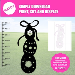 Könnte beinhalten: Schwarze Silhouette eines Osterei-Designs mit Schleifen-, Blumen- und Punktdetails. Das Bild enthält eine Messskala bis zu 244 cm und den Text "SIMPLY DOWNLOAD PRINT, CUT, AND DISPLAY".