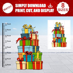 Peut inclure: Un graphique numérique représentant une pile de boîtes cadeaux colorées avec des rubans, incluant une règle verticale mesurant jusqu'à 8 pieds. Le texte indique MATOY, SIMPLY DOWNLOAD PRINT, CUT, AND DISPLAY, et 8 SIZES. L'illustration montre des boîtes bleues, vertes, orange et rouges.