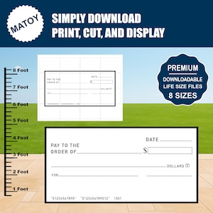 Può includere: Un download digitale con un modello di assegno vuoto con il testo "PAY TO THE ORDER OF" e "FOR". L'immagine include il testo "SIMPLY DOWNLOAD PRINT, CUT, AND DISPLAY" e "PREMIUM DOWNLOADABLE LIFE SIZE FILES 8 SIZES".