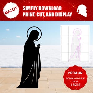 May include: A black silhouette of a praying figure with a halo, set against a snowy landscape and a blue sky. The image includes the text "SIMPLY DOWNLOAD PRINT, CUT, AND DISPLAY" and "PREMIUM DOWNLOADABLE FILES 4 SIZES".