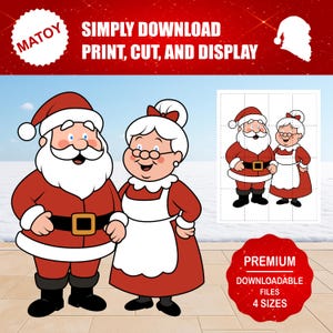 Könnte beinhalten: Cartoon-Illustration von Santa Claus und Mrs. Claus in rot-weißen Outfits. Das Bild enthält den Text "SIMPLY DOWNLOAD PRINT, CUT, AND DISPLAY" und "PREMIUM DOWNLOADABLE FILES 4 SIZES".