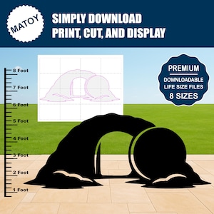Puede incluir: Una silueta negra de un arco y un objeto redondo grande, probablemente una tumba, sobre una superficie de piedra. La imagen incluye el texto "SIMPLY DOWNLOAD PRINT, CUT, AND DISPLAY" y "PREMIUM DOWNLOADABLE LIFE SIZE FILES 8 SIZES". Una escala en pies está a la izquierda.