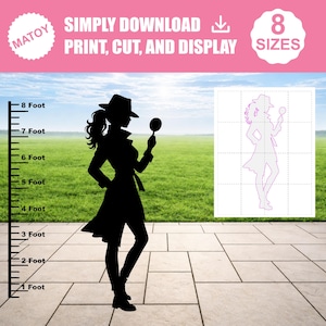 May include: A digital file for a detective silhouette wearing a trench coat and hat while holding a magnifying glass. The image includes a height chart from 1 to 8 feet, the text MATOY, SIMPLY DOWNLOAD PRINT, CUT, AND DISPLAY, and 8 SIZES.