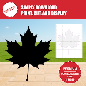 Puede incluir: Silueta negra de una hoja de arce con un tallo, sobre un fondo de cielo azul y hierba verde. La imagen incluye el texto "SIMPLY DOWNLOAD, PRINT, CUT, AND DISPLAY" y "PREMIUM DOWNLOADABLE FILES 4 SIZES".