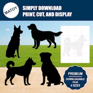 Puede incluir: Siluetas negras de perros en varias poses sobre un fondo de césped verde y cielo azul. La imagen incluye el texto "SIMPLY DOWNLOAD, PRINT, CUT, AND DISPLAY" y "PREMIUM DOWNLOADABLE FILES 4 SIZES".