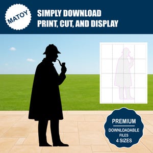 Peut inclure: Silhouette noire d'une personne avec un chapeau et un manteau, fumant une pipe, debout sur une surface carrelée. L'image comprend le texte « SIMPLEMENT TÉLÉCHARGER, IMPRIMER, COUPER ET AFFICHER » et « FICHIERS TÉLÉCHARGEABLES PREMIUM 4 TAILLES ».