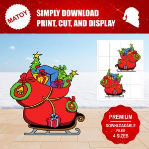 May include: A red Christmas sleigh filled with gifts and Christmas trees. The image includes the text "SIMPLY DOWNLOAD PRINT, CUT, AND DISPLAY" and "PREMIUM DOWNLOADABLE FILES 4 SIZES". The sleigh is on a light brown surface with a snowy background.
