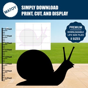 May include: A digital template for a snail silhouette featuring a grid pattern, accompanied by a black snail shape and a vertical ruler marked in feet from 1 to 8. Text includes MATOY, SIMPLY DOWNLOAD PRINT, CUT, AND DISPLAY, and PREMIUM DOWNLOADABLE LIFE SIZE FILES 8 SIZES.
