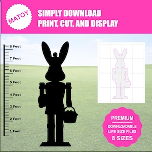 Puede incluir: Silueta negra de una figura de conejo con una cesta, de aproximadamente 2,4 metros de altura. La imagen incluye una escala, una cuadrícula con un contorno de conejo y el texto "SIMPLY DOWNLOAD, PRINT, CUT, AND DISPLAY."