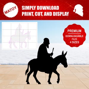 May include: A black silhouette of a person riding a donkey, with a staff in hand, set against a winter landscape. The image includes text that reads "SIMPLY DOWNLOAD PRINT, CUT, AND DISPLAY" and "PREMIUM DOWNLOADABLE FILES 4 SIZES".