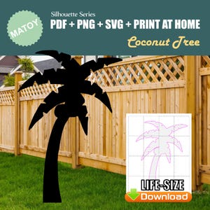 Décoration murale et fête au bord de la piscine avec cocotier | Silhouette imprimable taille réelle | Motif de traçage et de découpe pour l'art de la cour, des idées de jardin et des présentoirs d'événements