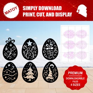 May include: Black Easter egg cutouts with white decorative designs, including a star, gift, and Christmas tree. The image also includes a sheet of Easter egg designs and text that reads "SIMPLY DOWNLOAD PRINT, CUT, AND DISPLAY".
