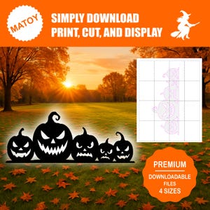 Puede incluir: Silueta negra de cinco calabazas talladas con caras aterradoras, sobre un paisaje otoñal. La imagen incluye el texto "SIMPLY DOWNLOAD PRINT, CUT, AND DISPLAY" y "PREMIUM DOWNLOADABLE FILES 4 SIZES".
