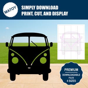 Peut inclure: Silhouette noire d'un van vintage avec des détails verts, à côté d'un tracé quadrillé du même van. Le texte indique "SIMPLEMENT TÉLÉCHARGER, IMPRIMER, COUPER ET AFFICHER" et "FICHIERS TÉLÉCHARGEABLES PREMIUM 4 TAILLES".