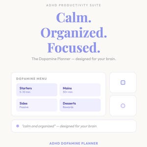 Op de afbeelding: Een witte afbeelding met de tekst "Calm. Organized. Focused." en "The Dopamine Planner - designed for your brain." Een "Dopamine Menu" wordt weergegeven met de opties "Starters", "Mains", "Sides" en "Desserts".
