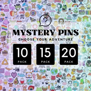 May include: A colorful background of various enamel pins with a question mark in a speech bubble. The text "MYSTERY PINS CHOOSE YOUR ADVENTURE" is displayed in black text. Three black squares with white text are displayed below the text. The squares read "10 PACK", "15 PACK", and "20 PACK".