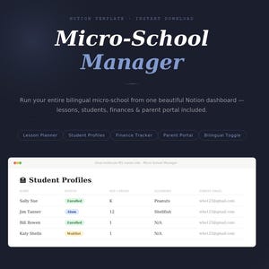 May include: A dark blue Notion template titled "Micro-School Manager" with white text. The template includes sections for lesson planning, student profiles, and finances. A student profile example shows student names, statuses, and allergy information.