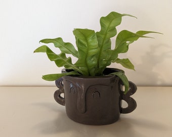 Vaso con faccia, in ceramica, vasetto fatto a mano per piante grasse e fiori, arredamento estetico della casa, artigianale, argilla nera.