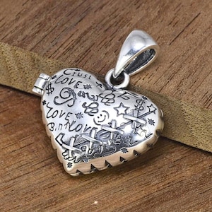 Heart Locket Necklace in 925 Sterling Silver, Unisex Jewelry, Graffiti Punk Heart Locket, Gothic Pedant, Gift for Her