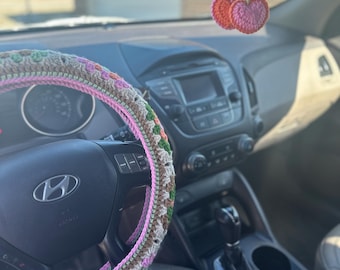 かぎ針編みのカーアクセサリーセット ハンドルカバー ミラーハンガー 車用コースター付き