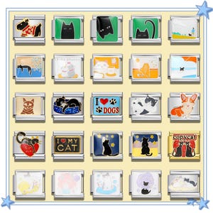 Puede incluir: Un conjunto de 20 pulseras de charms coloridos con varios diseños de gatos. Los charms representan gatos durmiendo, jugando y usando sombreros. Algunos charms tienen texto como "Amo a mi gato" y "imitador".