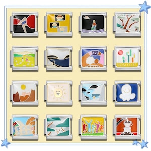 May include: Sixteen silver charm bracelets with colourful enamel designs. The charms depict landscapes, figures, and abstract art. Some charms have text, including "ROSEFEIST".