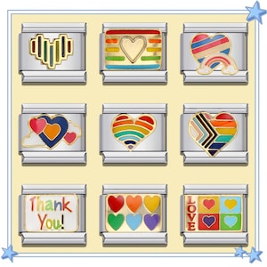 May include: Nine colorful charm bracelets with different designs, including hearts, rainbows, and the words "Thank You" and "LOVE".