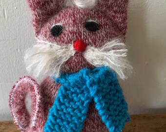 Gaspe Barn Cats, Kitten, Recycled Wool Sweater, Upcycled, Knitted Scarf, Blue Scarf, Handmade