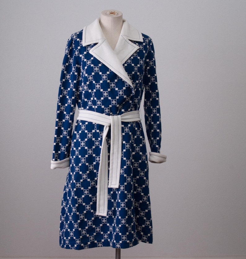 Vintage Geometric Blue and White Dress Coat image 1