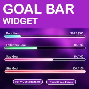 以下が含まれることがあります： 「GOAL BAR WIDGET」という文字が書かれた紫色のグラフィック。その下に、「Donation」、「Followers Goal」、「Sub Goal」、「Bits Goal」とラベル付けされた4つのプログレスバーがあります。グラフィックの下部には「Fully Customizable」と「Track Stream Events」と書かれています。