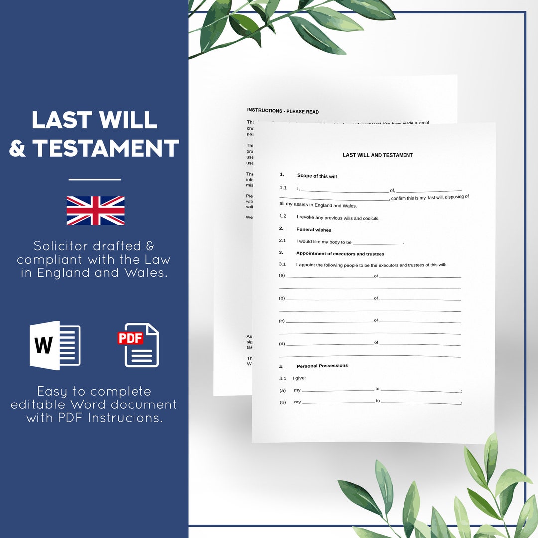 Last Will and Testament Template UK Compliant With the Law in England Last Will and Testament Template UK Compliant With the Law in England