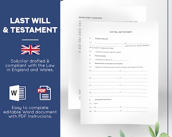 Last Will and Testament Template UK - Compliant with the Law in England and Wales - comes with a full and comprehensive guide