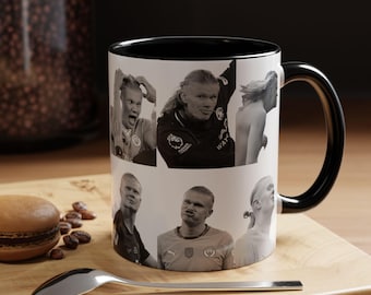 Taza de café con acento de collage de memes de Erling Haaland (11 oz), taza de Erling Haaland
