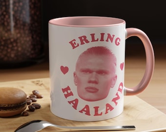 Tazza Erling Haaland rosa, tazza in ceramica con accento di design Erling Haaland, (11 once)