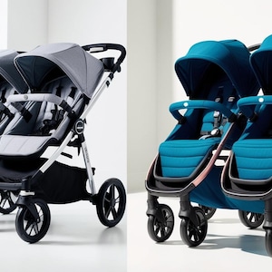 Könnte beinhalten: Zwei nebeneinander stehende Doppelkinderwagen, einer in Grau und einer in Blau. Beide Kinderwagen haben einen schwarzen Rahmen und einen schwarzen Korb darunter.