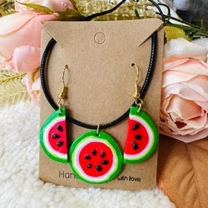 Handmade Polymer Clay Watermelon Necklace and Earring Set – Cute Fruit-Inspired Jewelry, Summer Statement Accessory, Fun & Whimsical Gift