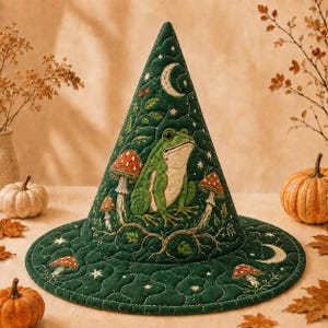 Quiltad häxhatt, vintage grön groda månen Halloweenkostym, retro lapptäcke läskig säsong partyhatt, häxtillbehör, Halloweenpresent