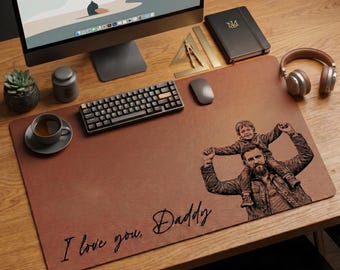 Custom Dad Photo Sketch Line Art Leather Desk Mat, Personalized Photo Father's Day Gift For Husband, Dad Picture Desk Pad Mouse Mat