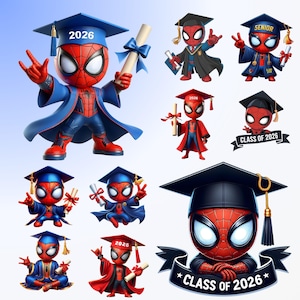 Paquete de imágenes PNG de graduación de superhéroes 2026, graduación de último año PNG, clase de último año de 2026 PNG, personajes de superhéroes graduados PNG, regalo de graduación PNG