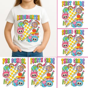 Checkered Student Doll Cartoon Png Bundle, Preppy Back To School, Kindergarten Pre-K to 4th Grade, Cartoon School Grade Png, First Day Png